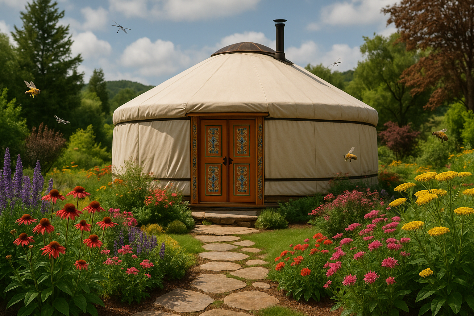 Mongolian yurt in a luxurious rustic landscaped garden with wildflowers, bees, and dragonflies